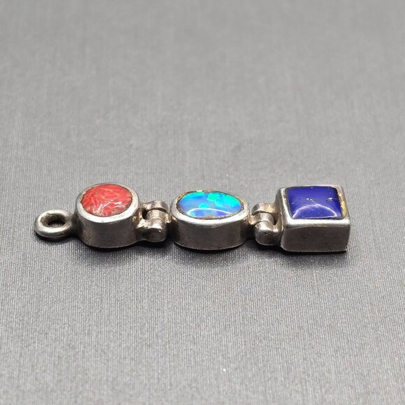 Antique Sterling Silver Multistone Pendant Sponge Coral Opal Lapis Lazuli Hinged - Picture 4 of 12